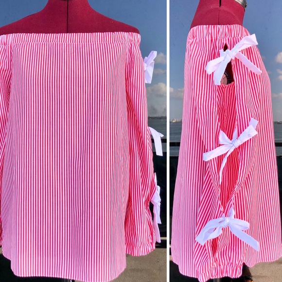 Do+Be Striped Off Shoulder Bow Tied Sleeves Blouse - Picture 5 of 12